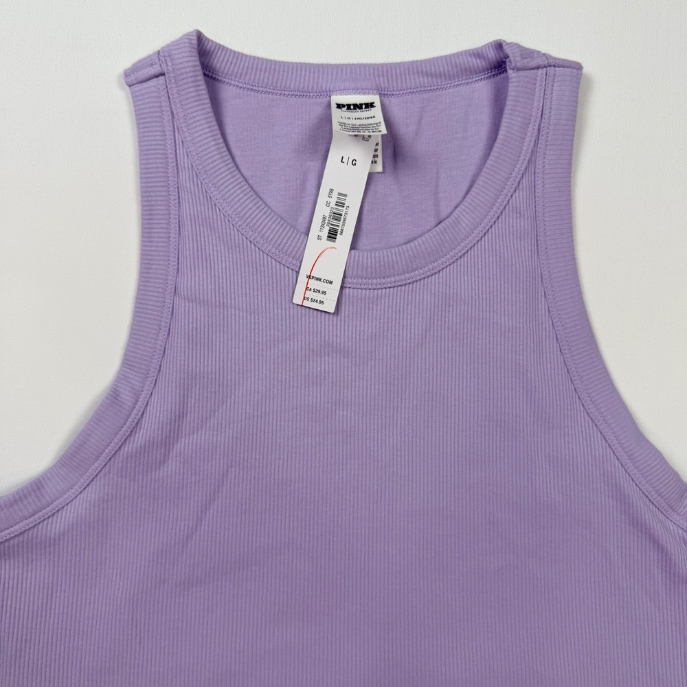 Victoria's Secret PINK Ribbed Shelf Bra Tank Top Women L Purple NEW High Neck - Picture 2 of 9